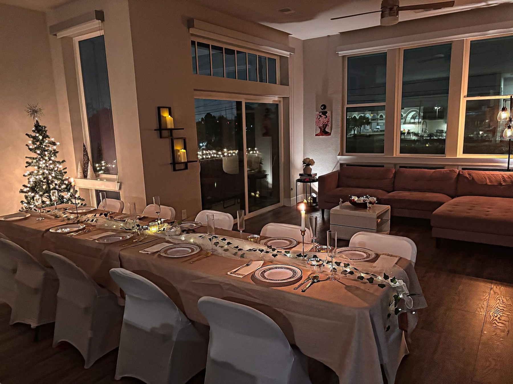 Finished dinner setup using Big W Rentals tables and chairs, decorated by the customer